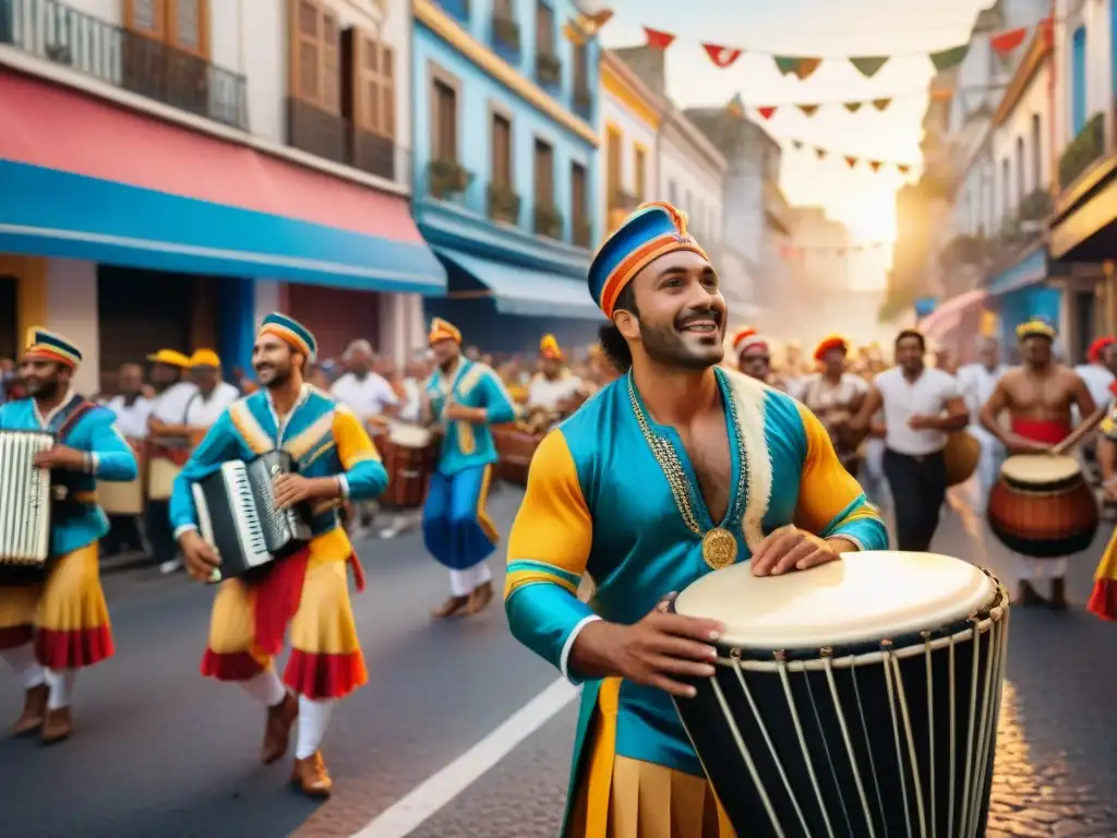 Un vibrante cuadro de acuarela que muestra a músicos tocando instrumentos tradicionales uruguayos en un desfile callejero durante el Carnaval