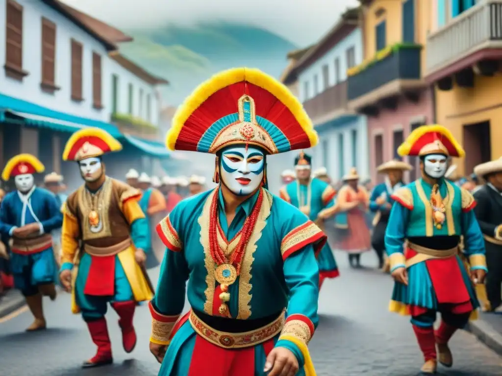 Un vibrante cuadro de acuarela de parodistas uruguayos en coloridos trajes tradicionales, actuando en las calles durante el Carnaval