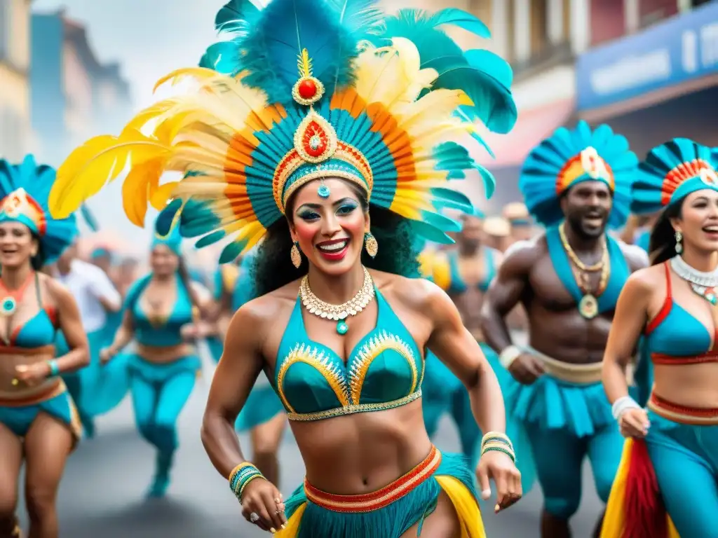 Un vibrante cuadro acuarela que muestra participantes enérgicos del Carnaval Uruguayo, con impacto de suplementos