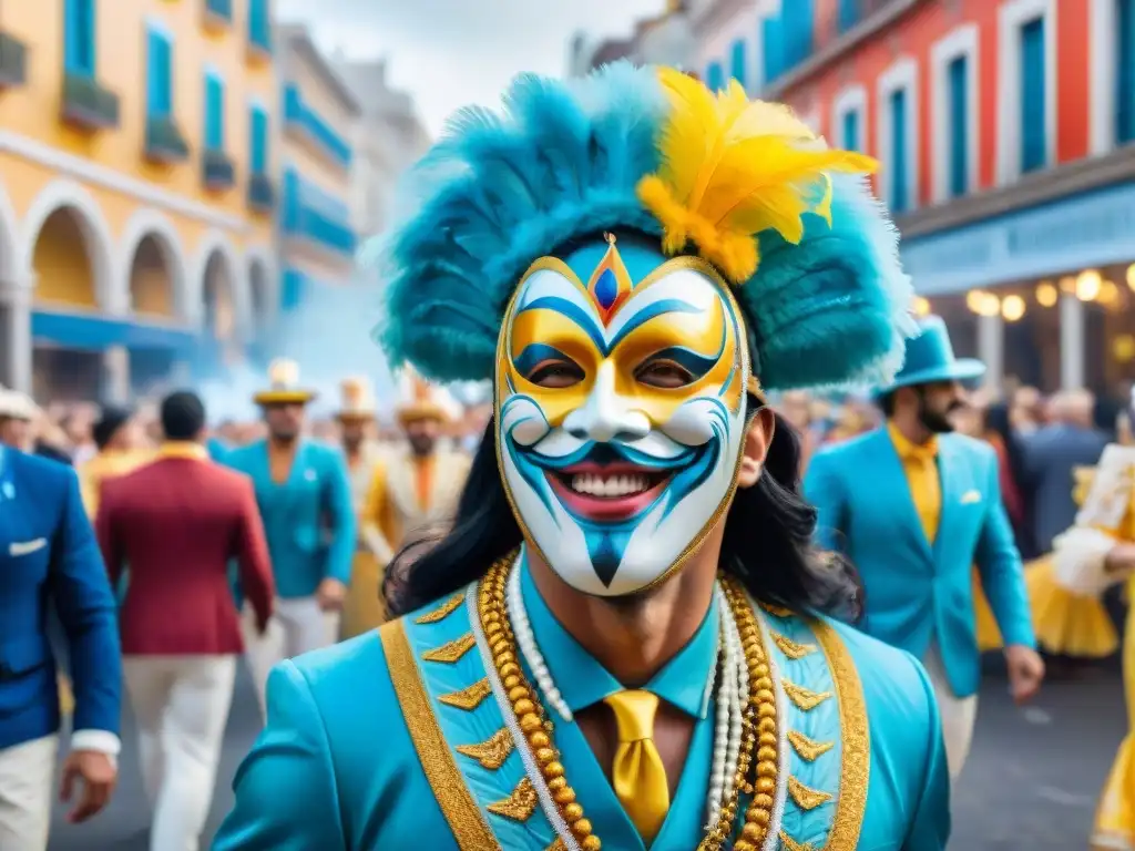 Un vibrante cuadro de acuarela muestra participantes del Carnaval de Uruguay bailando alegremente en las calles de Montevideo