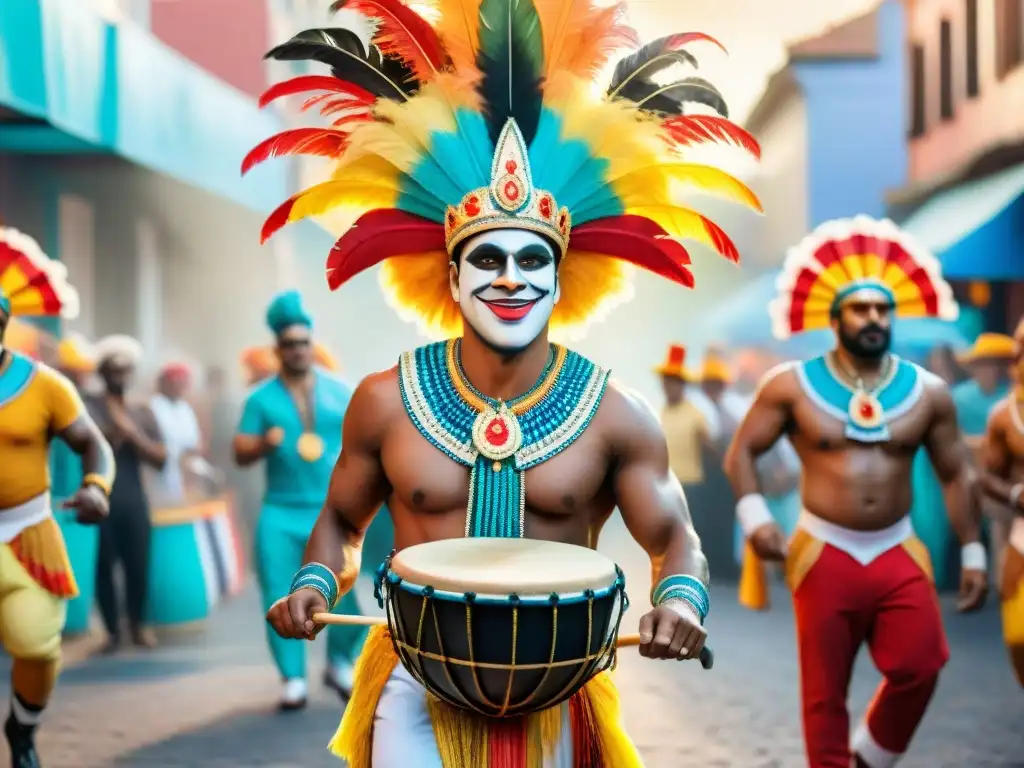 Un vibrante cuadro acuarela de personajes del Carnaval Uruguayo historias fascinantes: murga, samba y candombe en un bullicioso desfile de máscaras