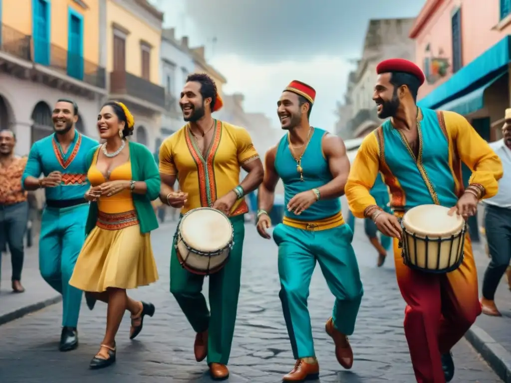 Un vibrante cuadro de acuarela que representa a personas bailando alegremente candombe en las calles de Montevideo, Uruguay