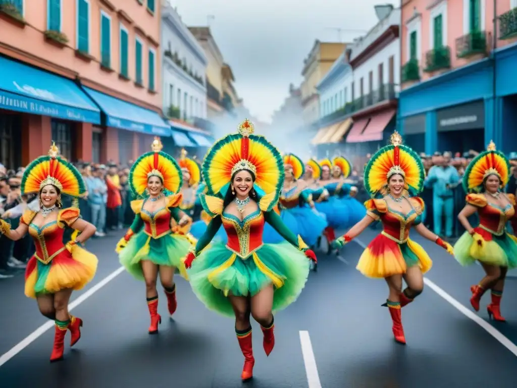 Un vibrante cuadro acuarela muestra la evolución de los tablados en el Carnaval Uruguayo, con desfiles coloridos y espectadores alegres