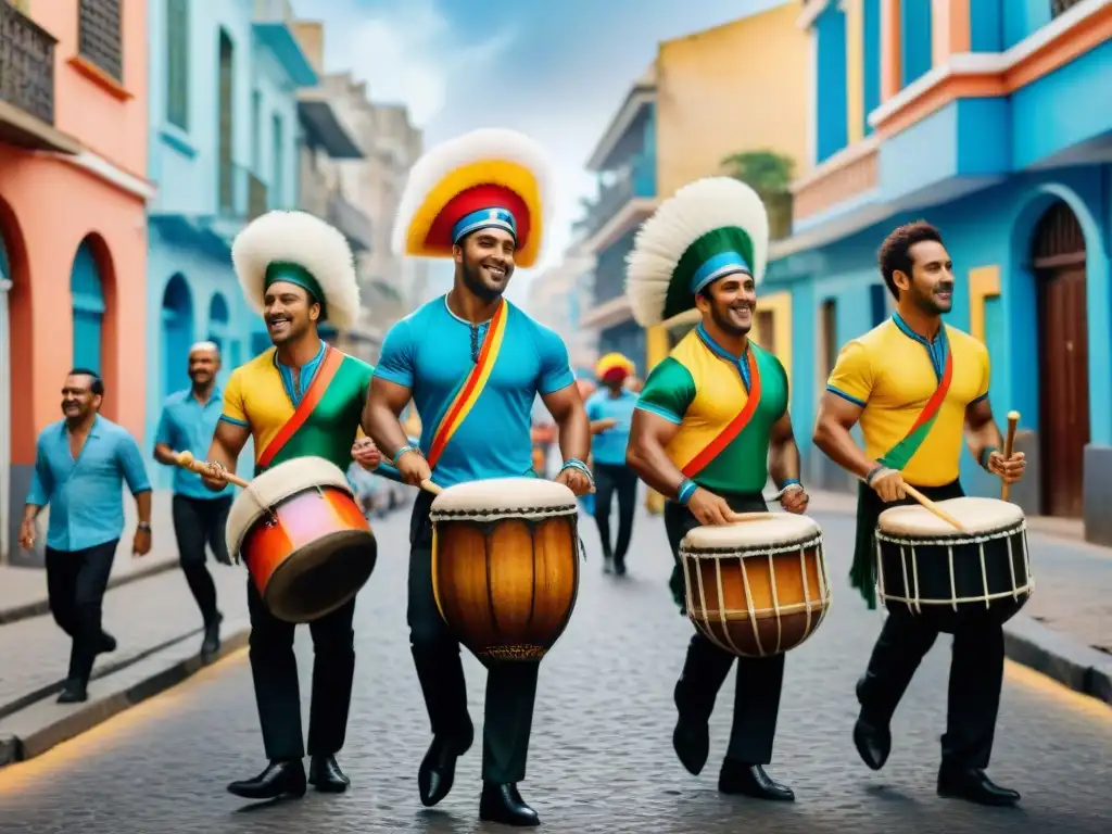 Un vibrante cuadro de acuarela de talleres de Candombe en Uruguay, con coloridos tambores y callejones empedrados