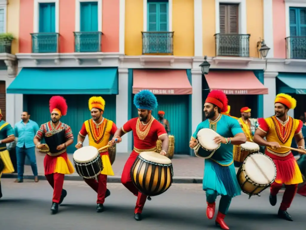 Un vibrante cuadro acuarela de tambores de candombe en Montevideo