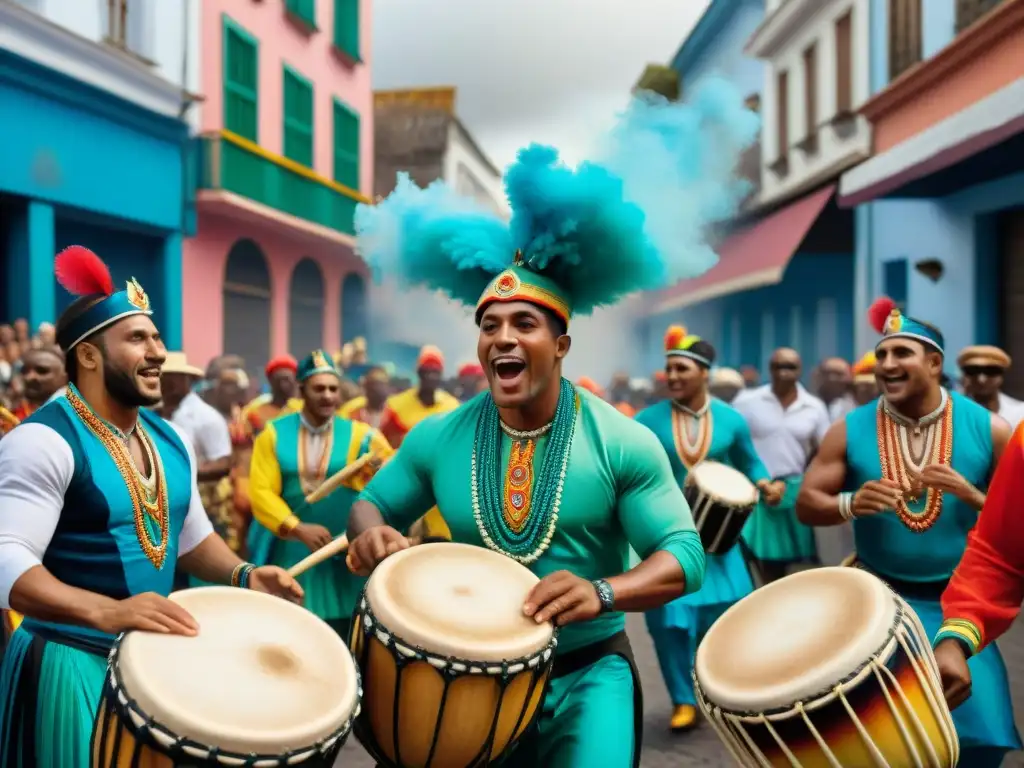 Un vibrante cuadro acuarela de tamborileros de Candombe en un Carnaval en Uruguay, capturando tradición, resistencia y celebración cultural