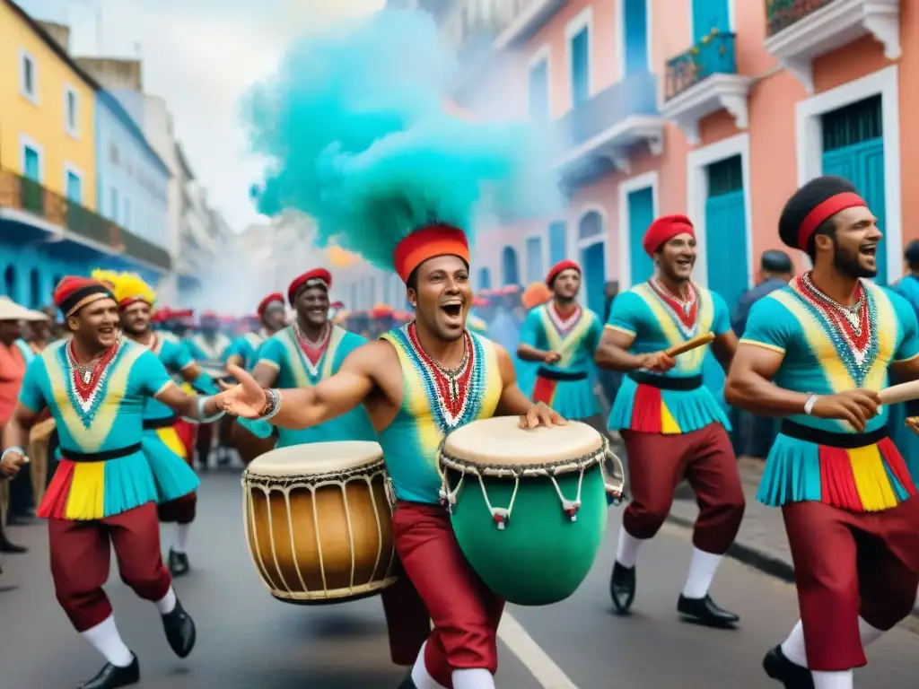 Un vibrante cuadro de acuarela que retrata a tamborileros de Candombe en atuendos tradicionales, tocando con pasión en un desfile callejero