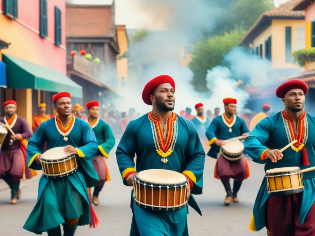 Un vibrante cuadro de acuarela muestra a tamborileros practicando con energía al aire libre, en preparación física para Candombe