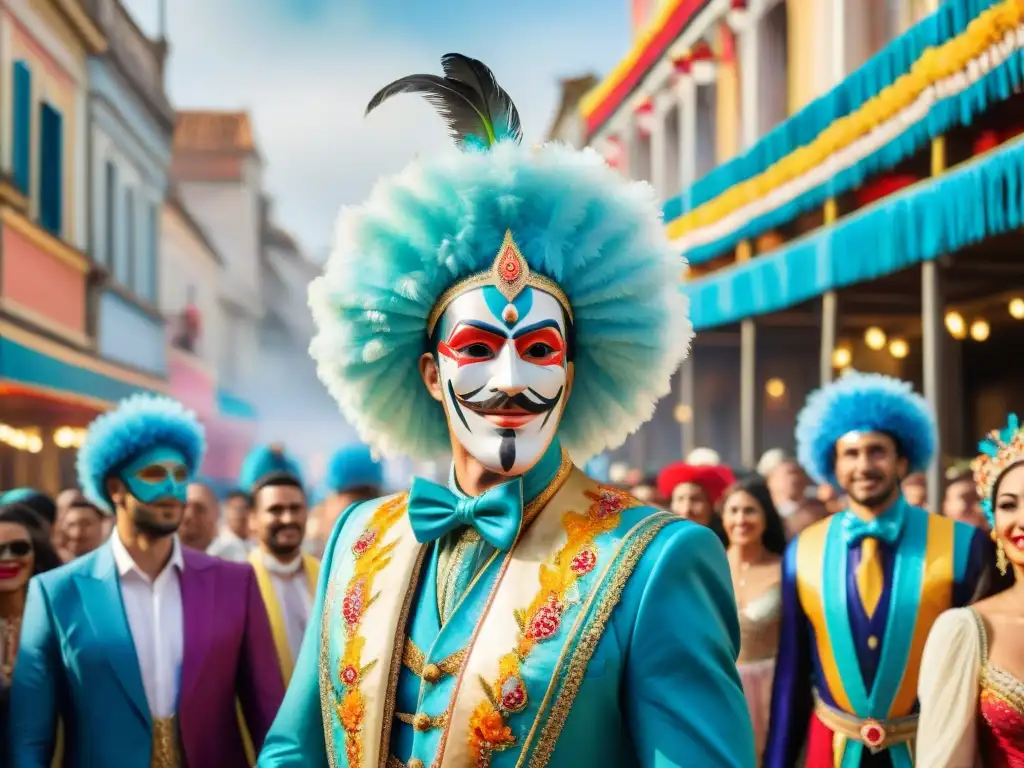 Un vibrante cuadro acuarela de Zancudos en el Carnaval de Uruguay