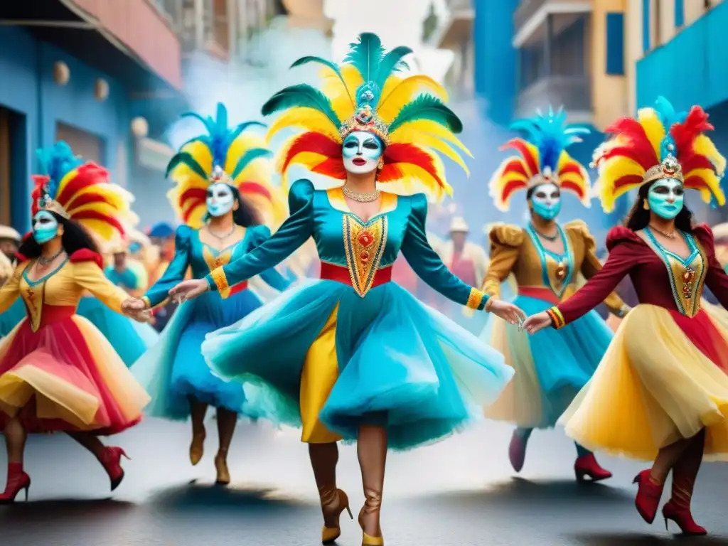 Un vibrante cuadro de acuarelas con bailarines del carnaval uruguayo celebrando la historia y la danza con pasión y energía