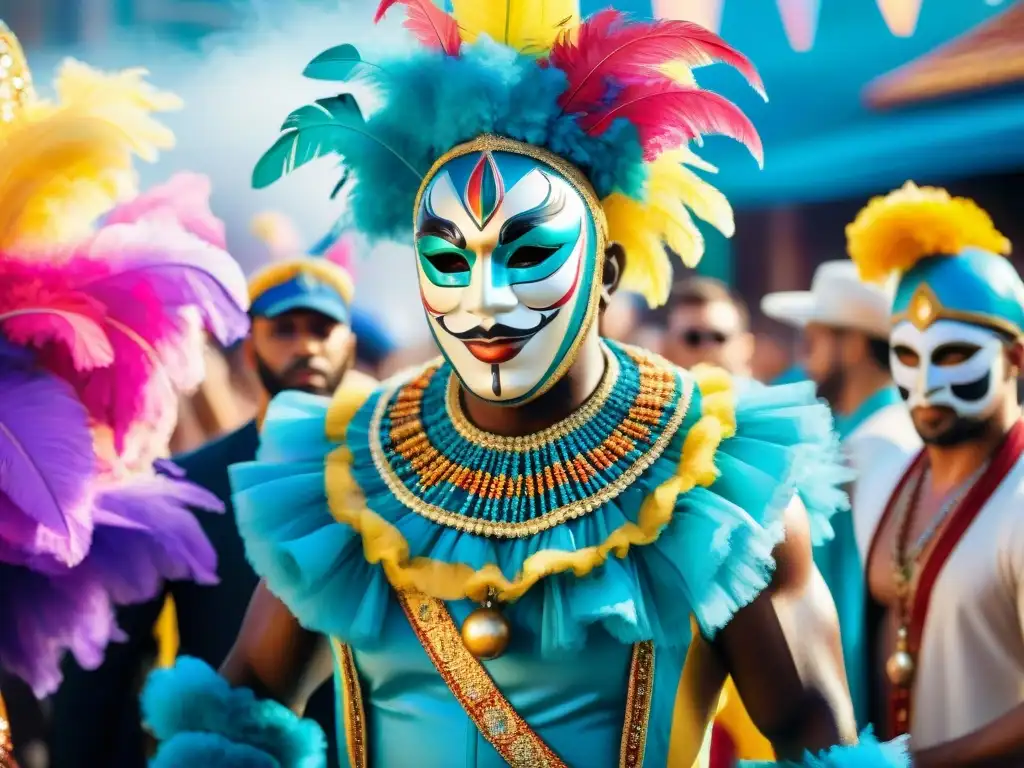 Un vibrante cuadro de acróbatas en el Carnaval uruguayo, cada uno con máscaras y vestimentas únicas, listos para contar historias personales