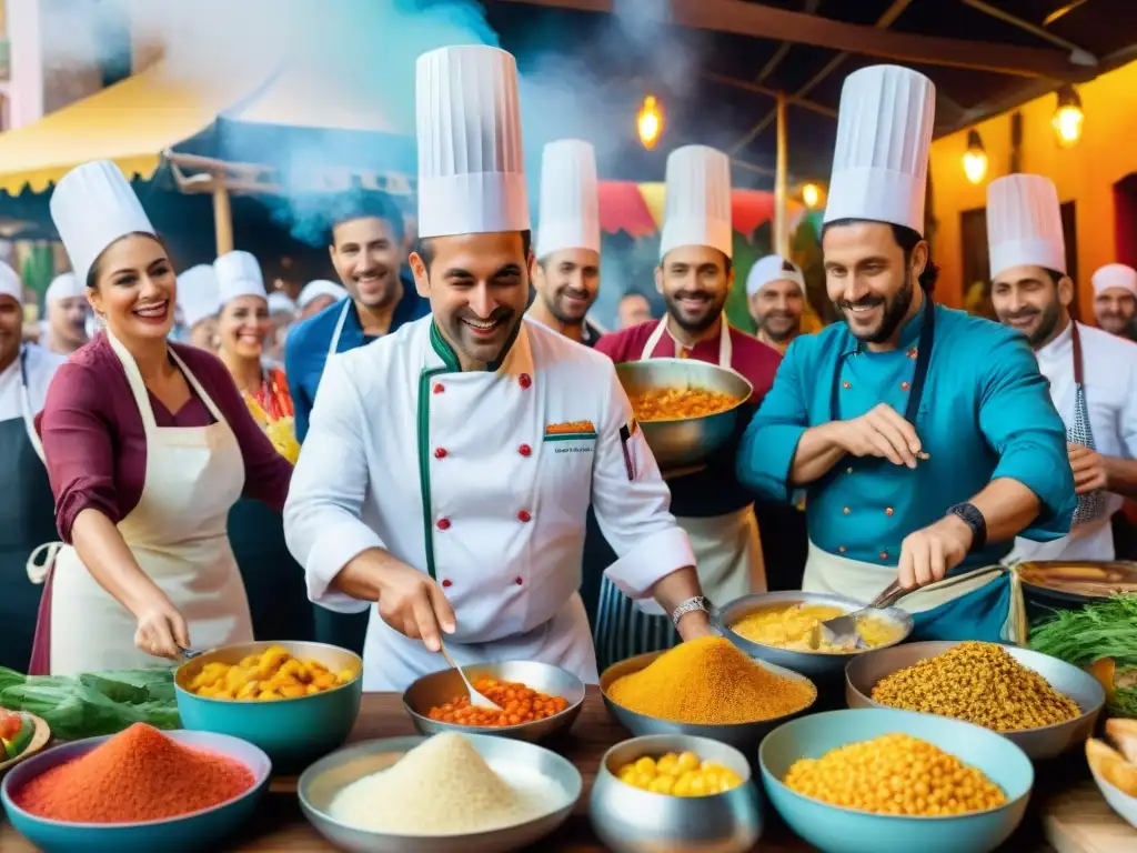 Un vibrante cuadro de chefs apasionados en Carnaval Uruguayo, rodeados de coloridas decoraciones festivas y deliciosos platos locales