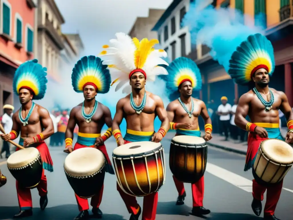 Un vibrante cuadro de talleres de candombe en Uruguay, con coloridos tambores y danzas callejeras en Montevideo