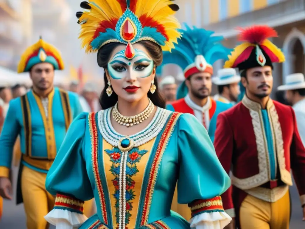 Un vibrante cuadro de trajes históricos del Carnaval Uruguayo, lleno de color y detalle, en una escena festiva