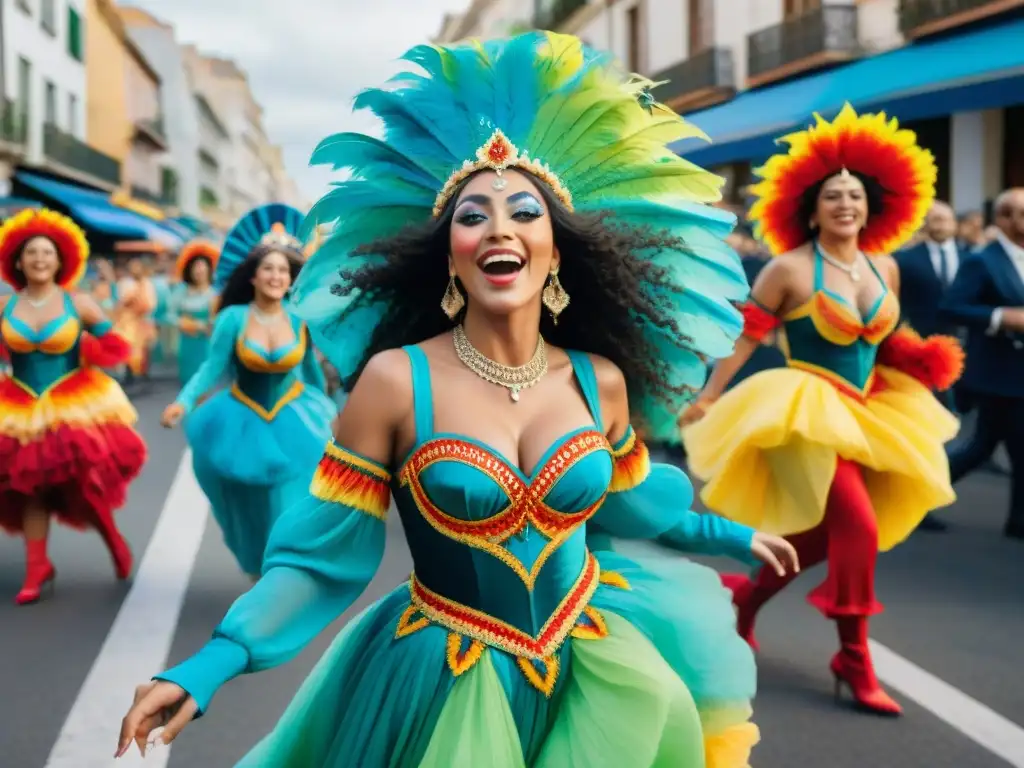 Vibrante desfile de artistas en el Carnaval Uruguayo, salud y alegría se reflejan en esta acuarela detallada