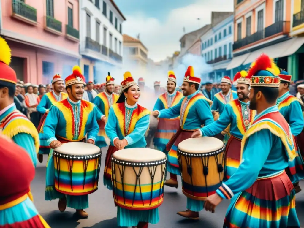 Vibrante desfile de bailarines afro-uruguayos en el Carnaval, reflejando la rica cultura y energía festiva