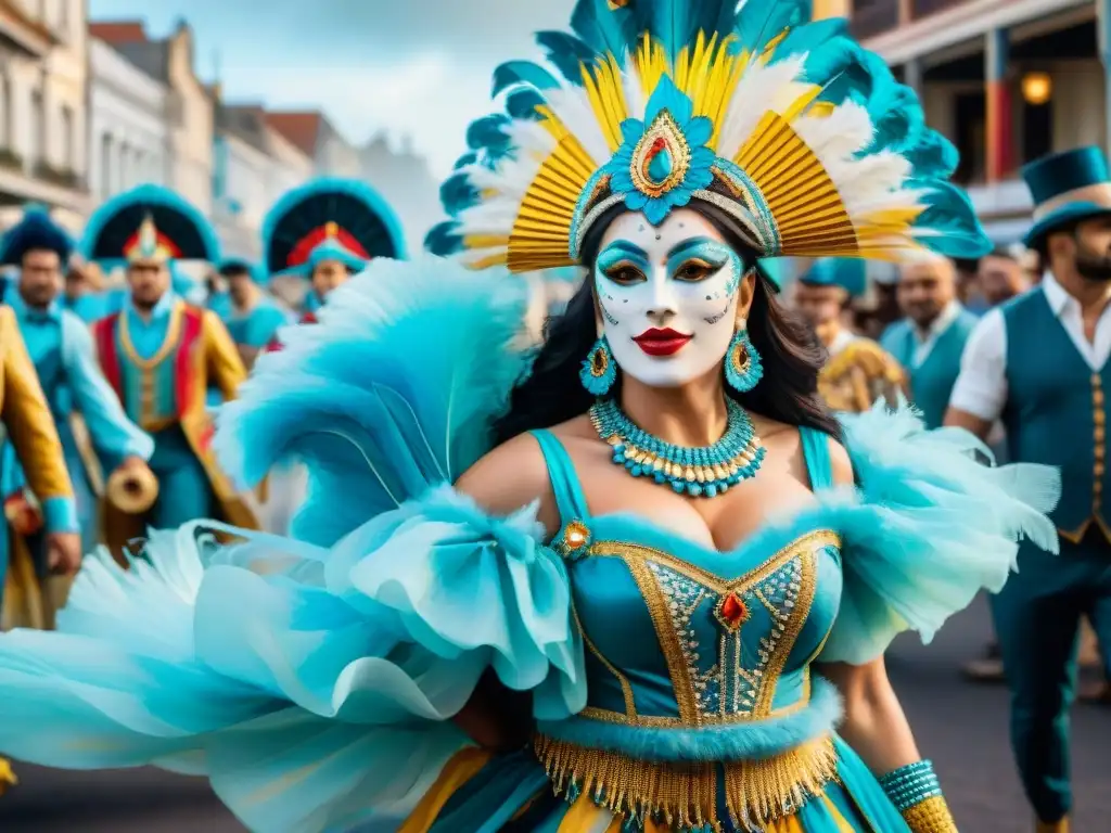 Un vibrante desfile de bailarines de Carnaval Uruguayo en trajes tradicionales, capturado en una ilustración de acuarela detallada y colorida