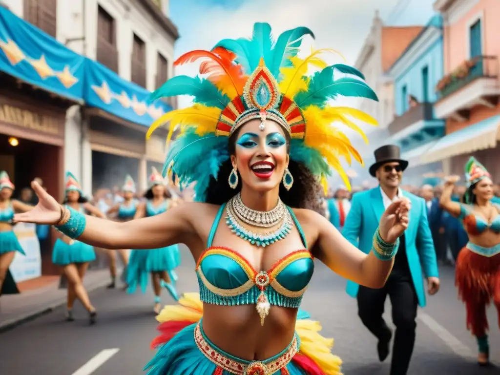 Un vibrante desfile de bailarines de carnaval uruguayo con trajes tradicionales, plumas y abalorios