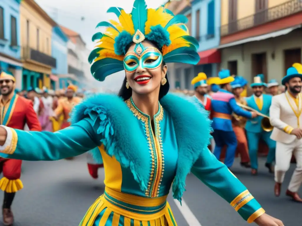 Vibrante desfile de bailarines en Carnaval Uruguayo, ilustración detallada en acuarela