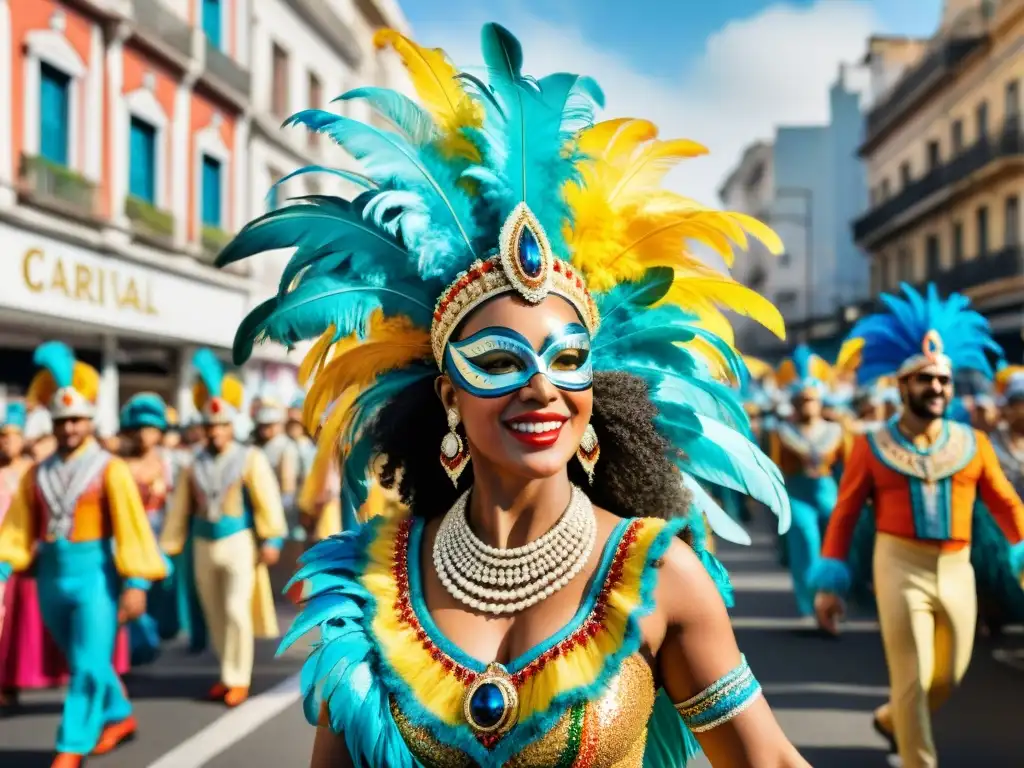 Un vibrante desfile de bailarines en el Carnaval Uruguayo con trajes elaborados y coloridos