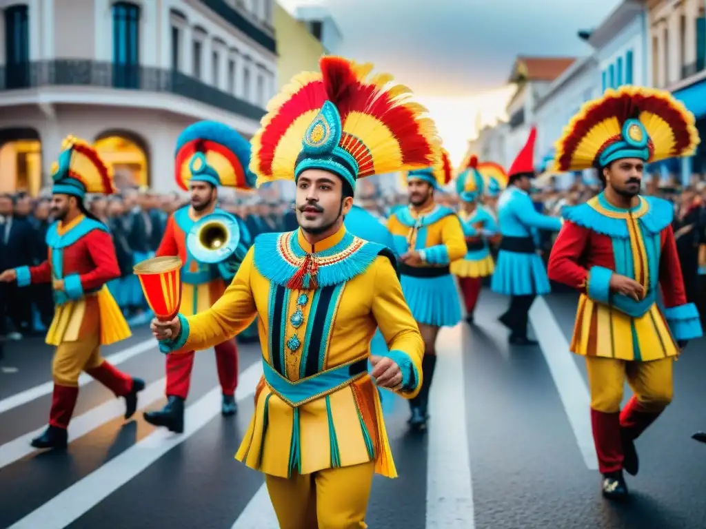 Vibrante desfile callejero del Carnaval Uruguayo: coloridos trajes, música tradicional y bailarines alegres