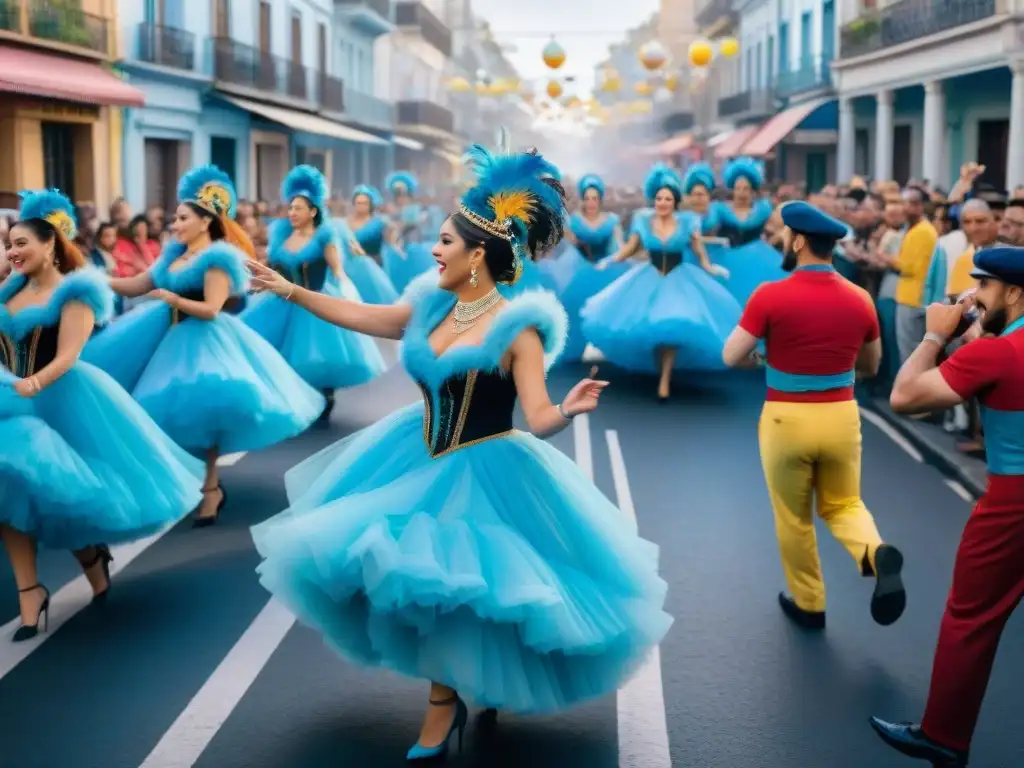 Un vibrante desfile callejero en Montevideo durante el Carnaval, con colores intensos y alegría