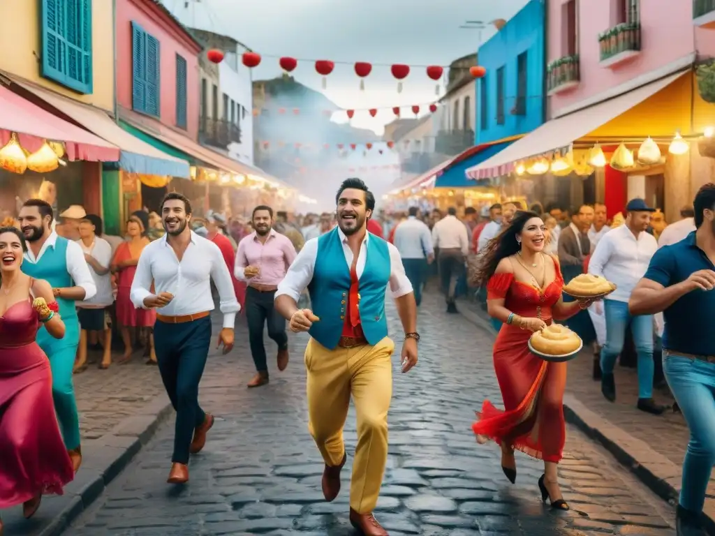 Un vibrante desfile callejero en Uruguay durante el Carnaval, con trajes coloridos y puestos de comida tradicional