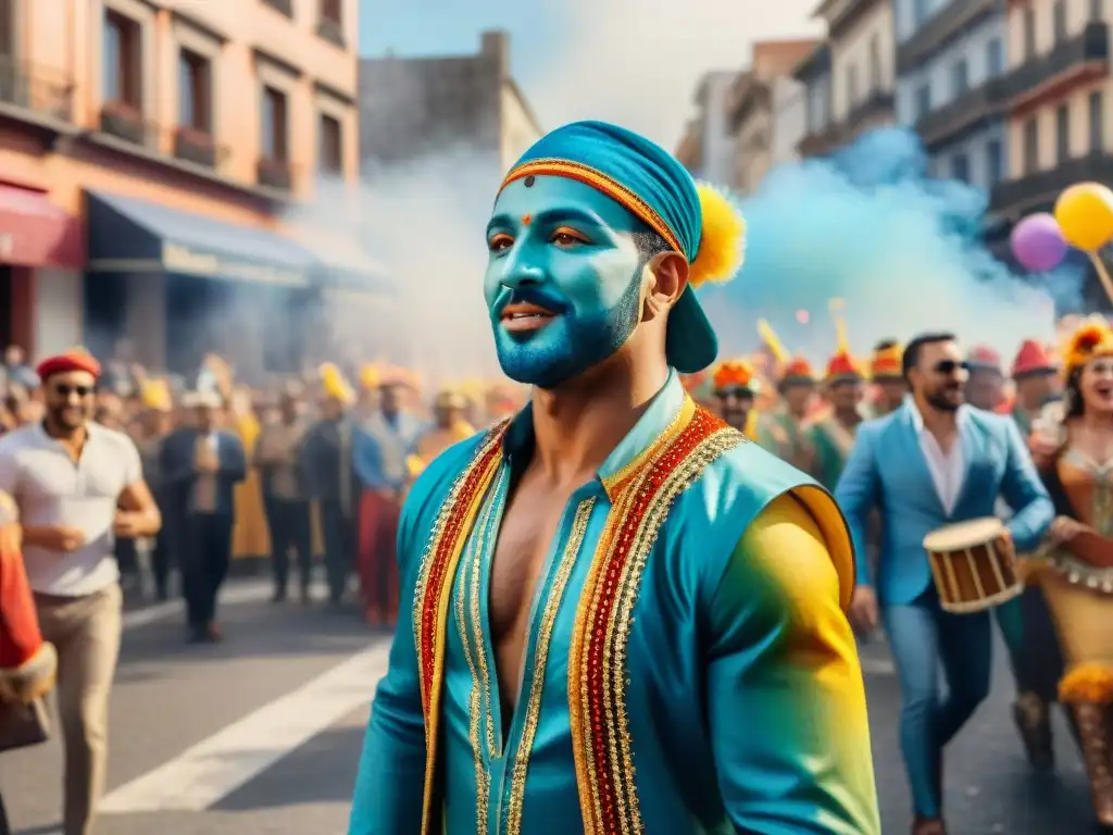 Un vibrante desfile callejero durante el Carnaval Uruguayo, con carrozas coloridas, bailarines y espectadores animados