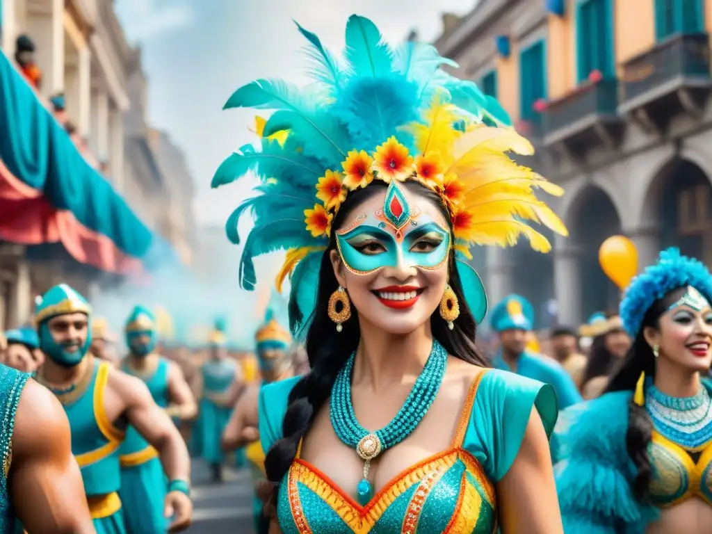 Vibrante desfile callejero durante el Carnaval en Uruguay