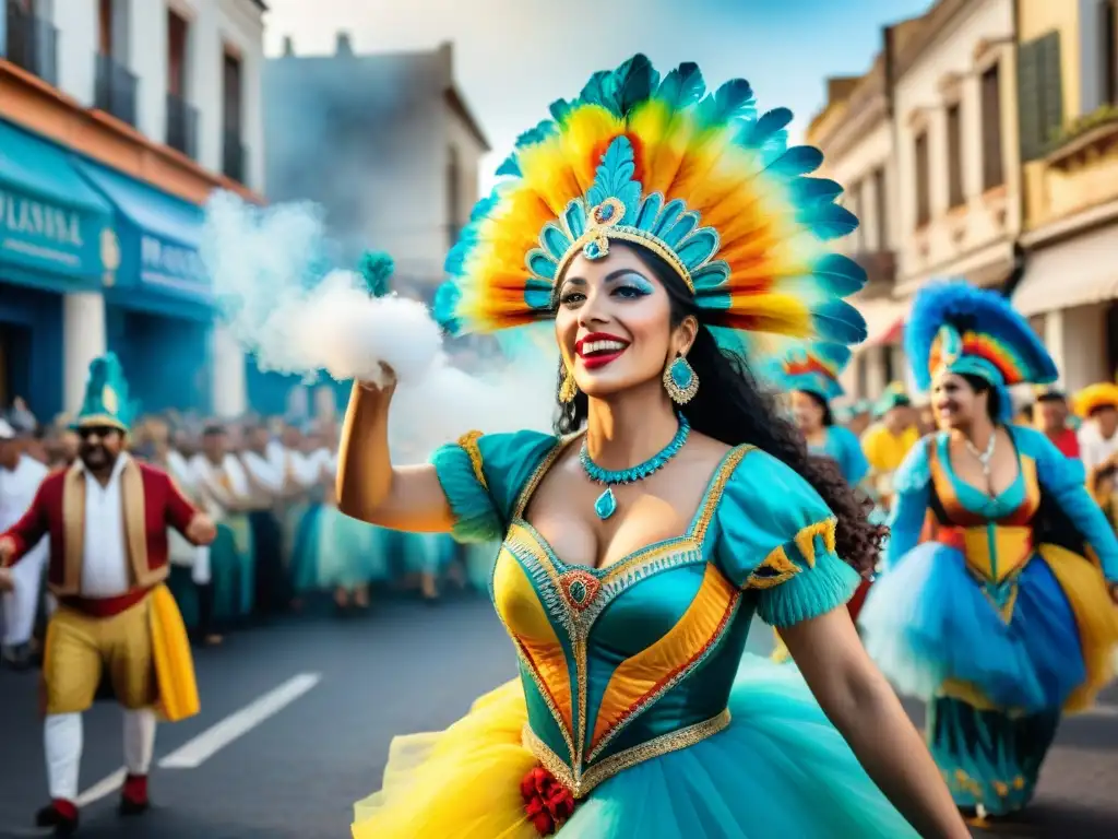 Un vibrante desfile callejero durante el Carnaval en Uruguay con bailarines, músicos y espectadores disfrutando de la festividad