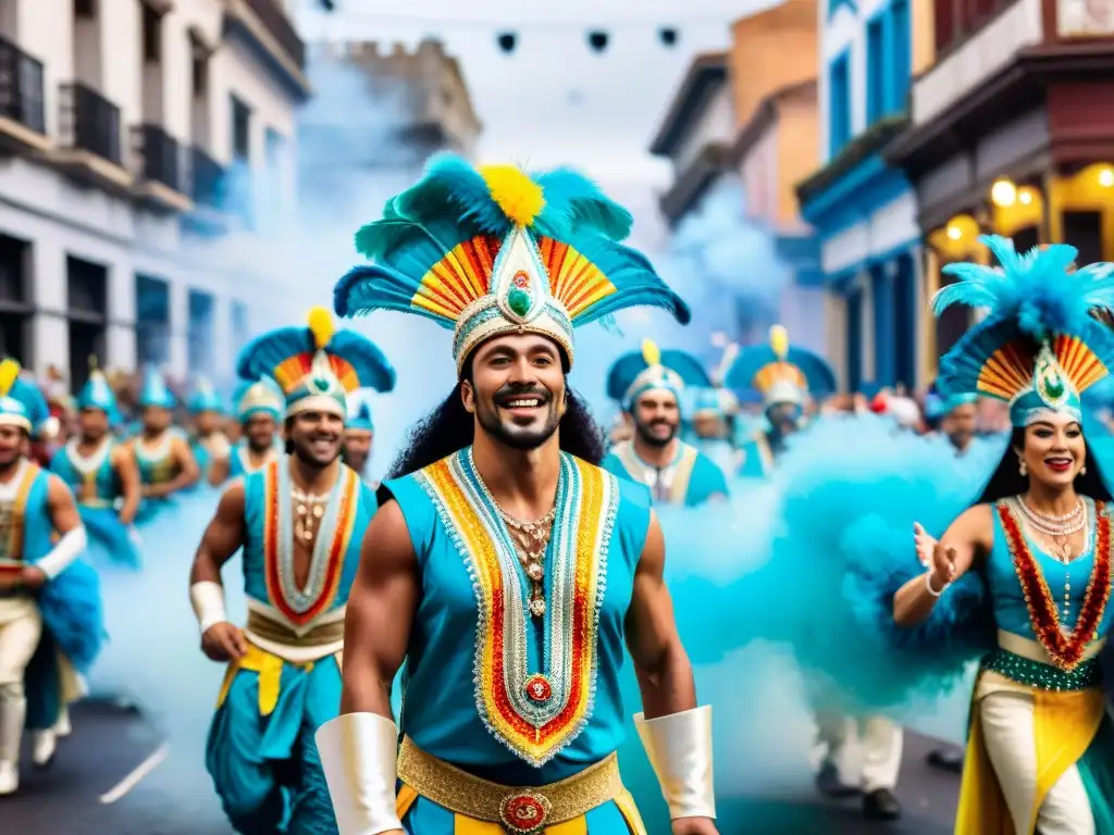 Vibrante desfile callejero del Carnaval Uruguayo, con coloridos trajes y máscaras, danzantes y tambores, tradición cultural