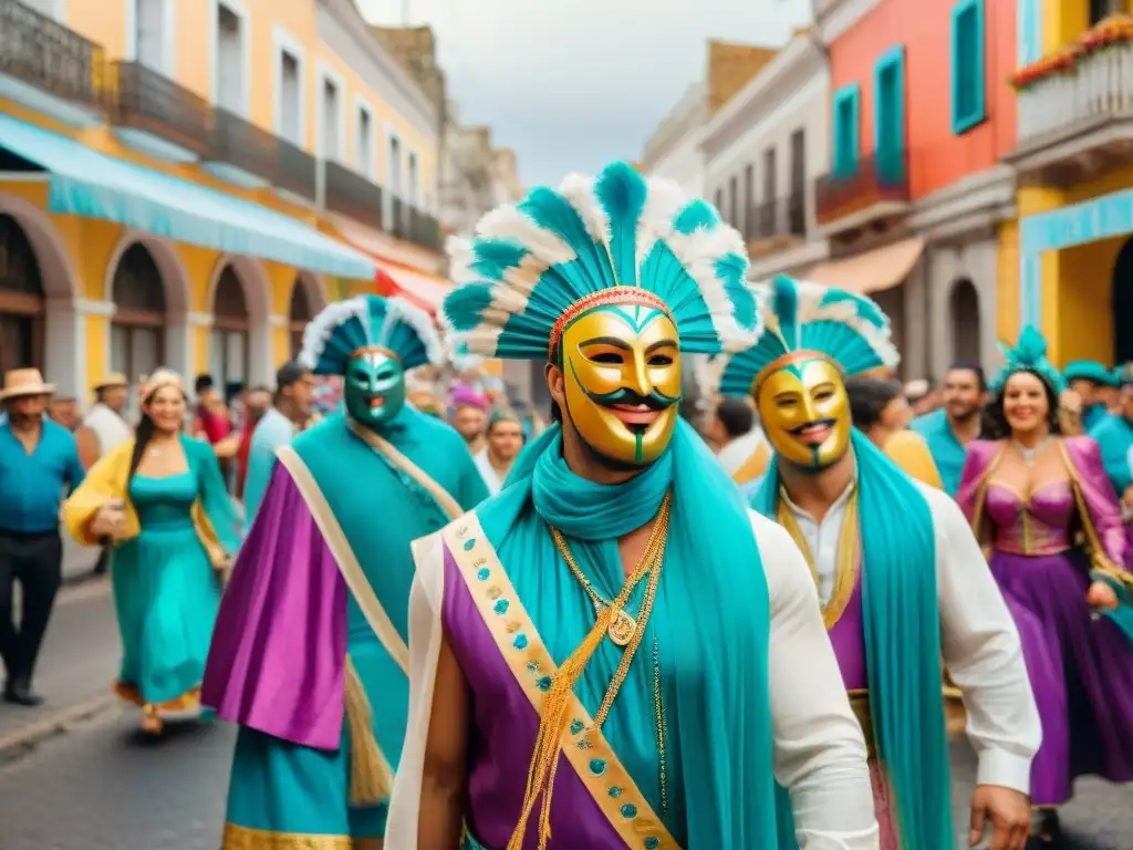 Carnaval uruguayo: color y alegría en las calles Un vibrante desfile callejero durante el Carnaval en Uruguay, con coloridos trajes tradicionales y música alegre