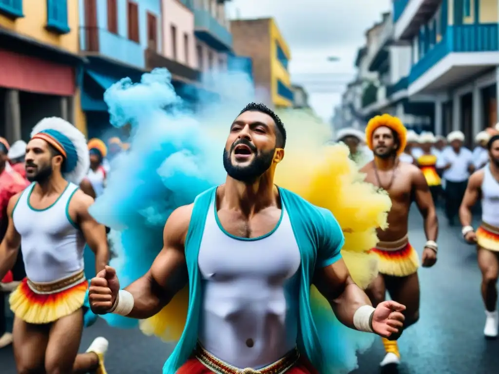 Vibrante desfile callejero durante el Carnaval en Uruguay, con tambores de Candombe y bailes exuberantes