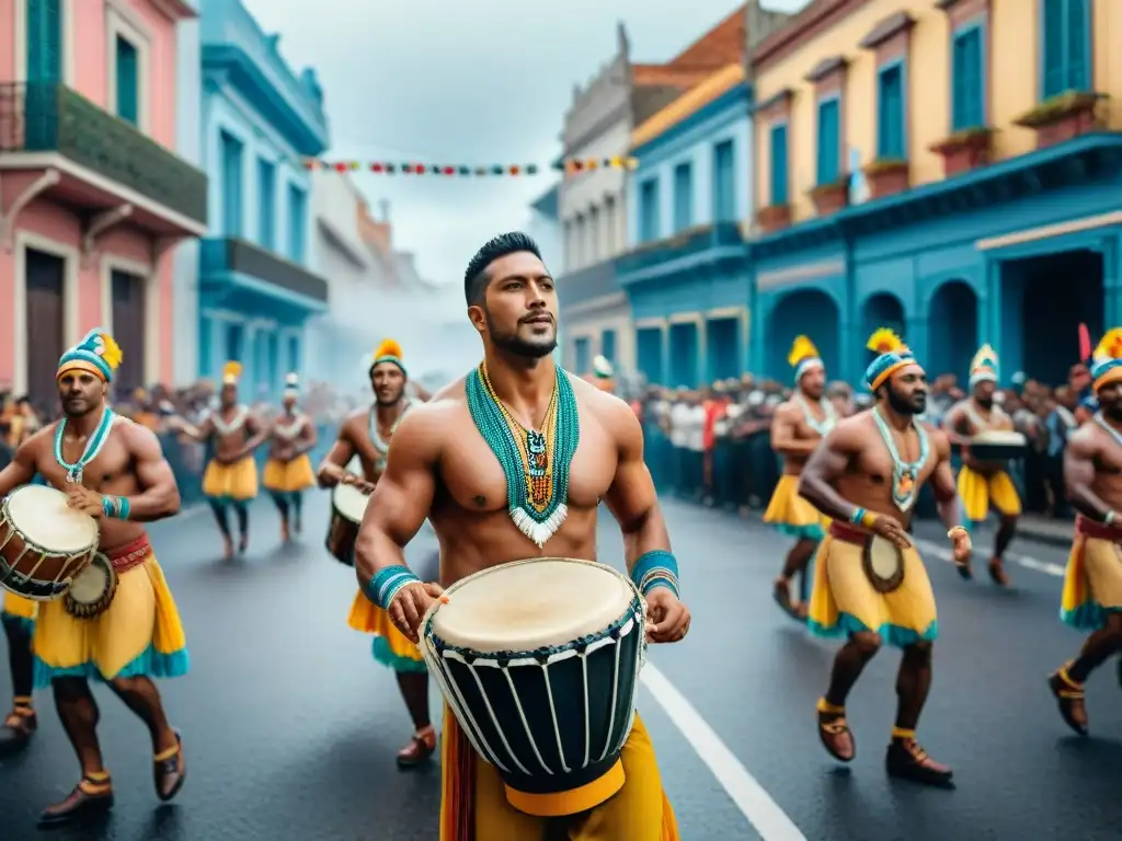 Un vibrante desfile callejero durante el Carnaval en Uruguay, con músicos de candombe y bailarines en trajes coloridos