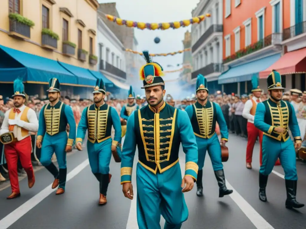 Un vibrante desfile callejero durante el Carnaval en Uruguay, con carrozas coloridas, bailarines y espectadores