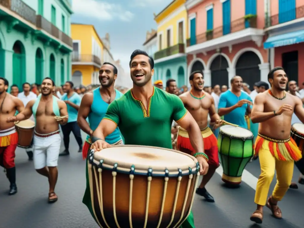 Vibrante desfile callejero en Uruguay: gente de todas las edades y orígenes tocando tambores de Candombe en talleres culturales