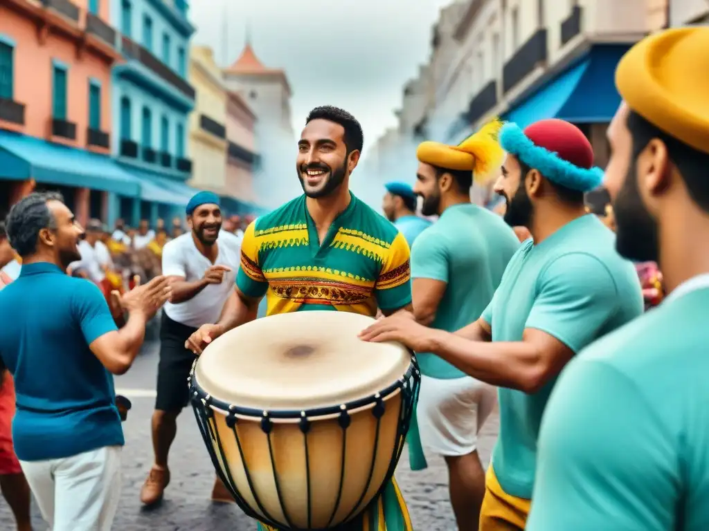 Un vibrante desfile callejero en Montevideo, Uruguay, donde un grupo diverso toca tambores de Candombe con alegría