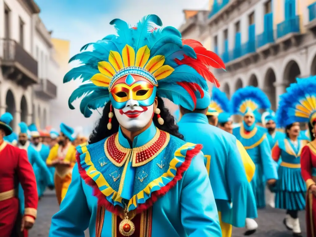 Un vibrante desfile callejero durante los Orígenes históricos del Carnaval Uruguayo: trajes coloridos, máscaras y bailes energéticos