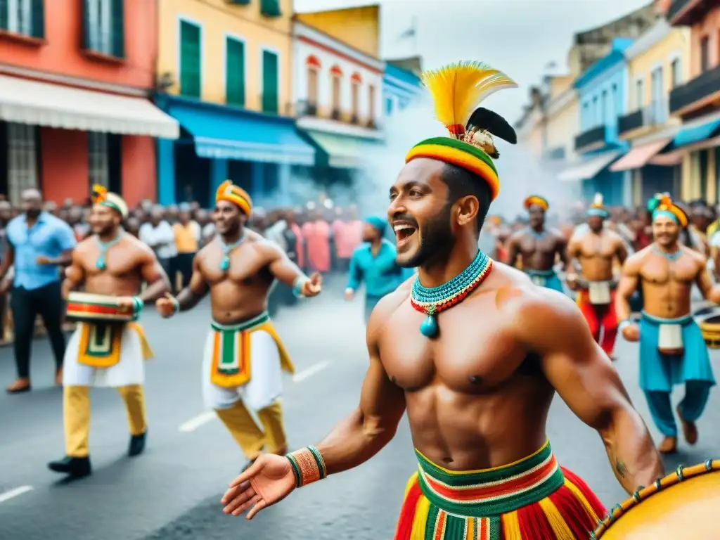 Un vibrante desfile callejero donde personas de diversos orígenes bailan alegremente al ritmo de tambores de Candombe