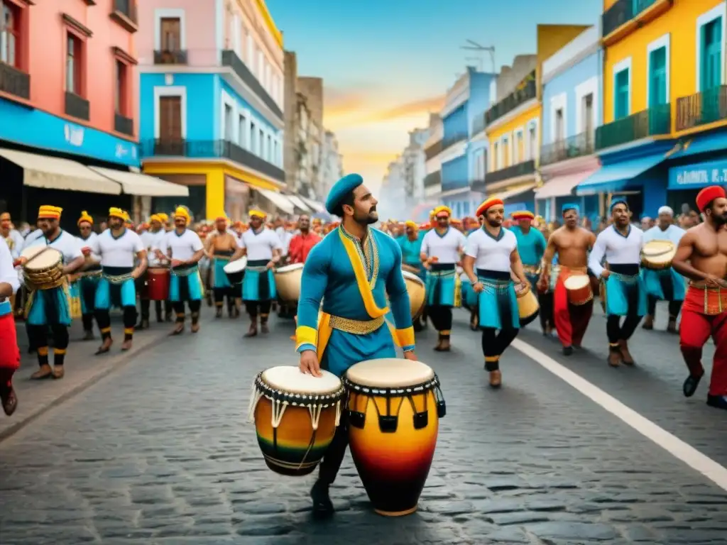 Vibrante desfile de Candombe en Montevideo, Uruguay al atardecer