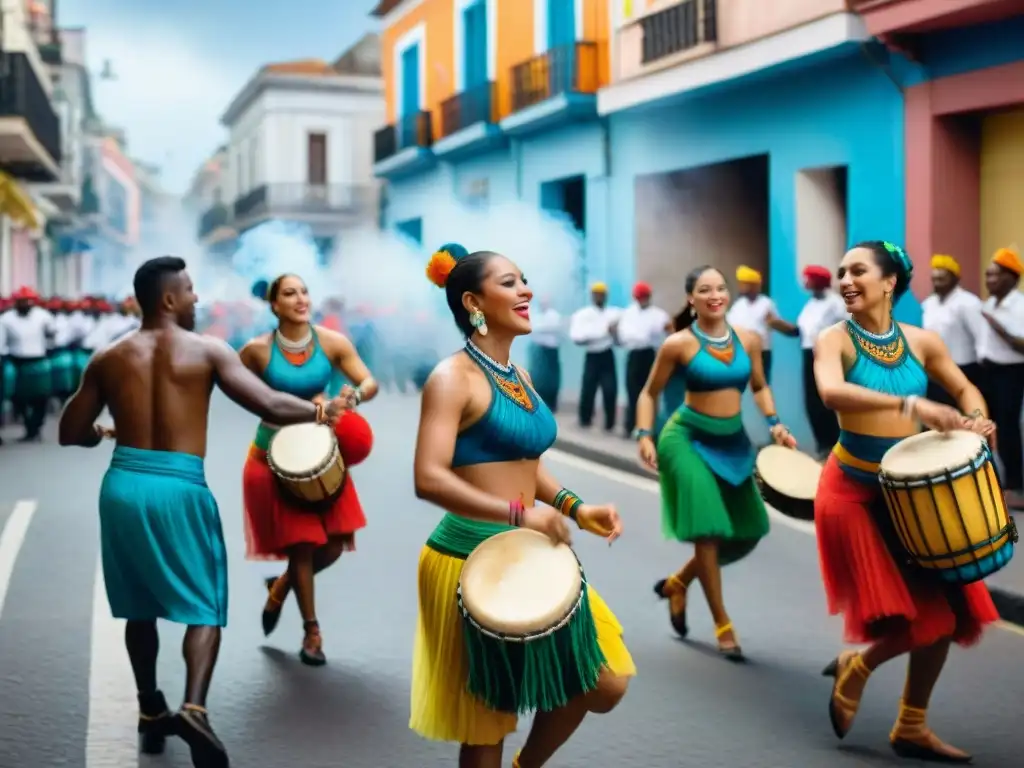 Un vibrante desfile de candombe en Montevideo, con bailarines y tambores, capturando la esencia de la celebración cultural y comunitaria en Uruguay