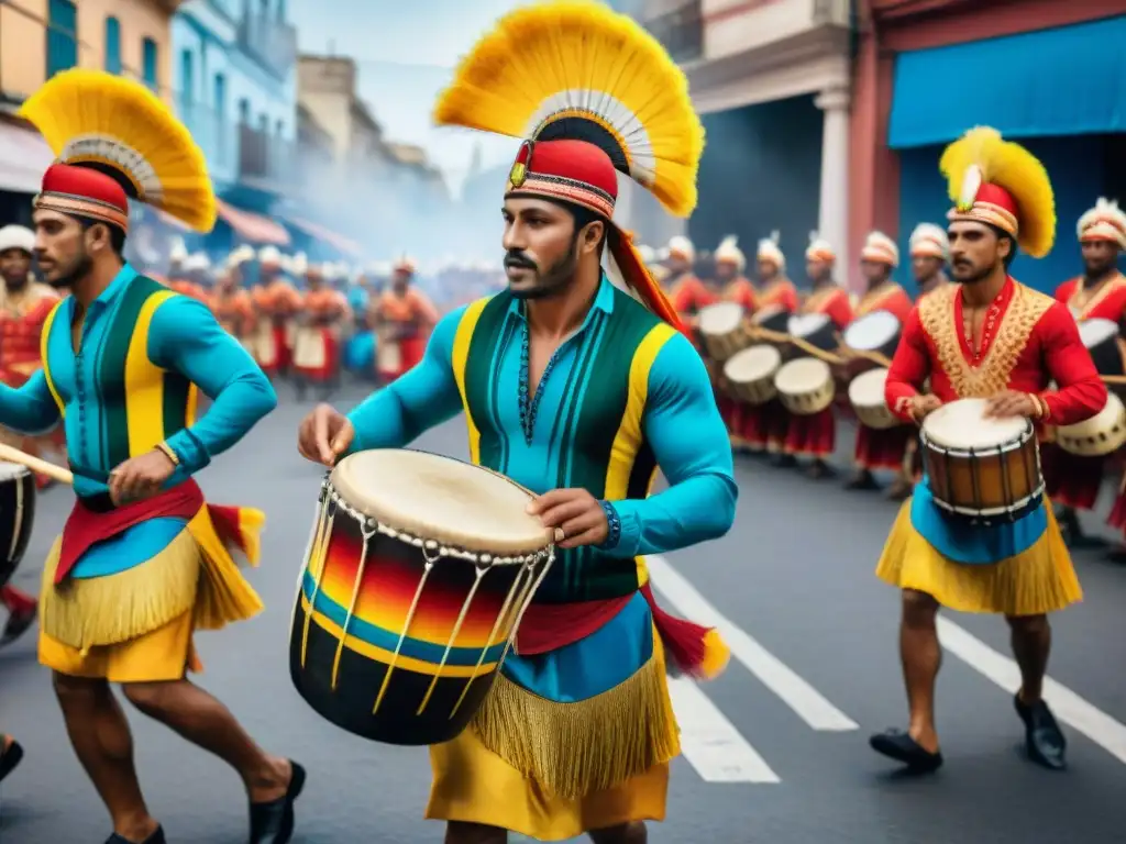 Un vibrante desfile de Candombe en Uruguay con grupos de tambores en trajes tradicionales tocando ritmos