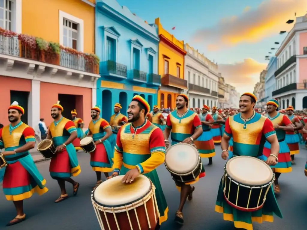 Desfile de candombe en Uruguay: fiesta colorida y comunitaria Vibrante desfile de candombe en Uruguay, mostrando la importancia del candombe en la cultura uruguaya