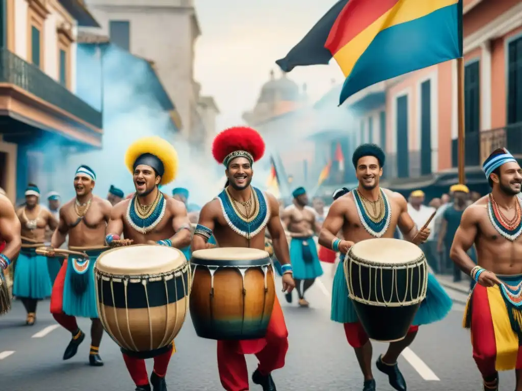 Un vibrante desfile de Candombe en Uruguay, reflejando la importancia del Candombe en Uruguay con detalles culturales