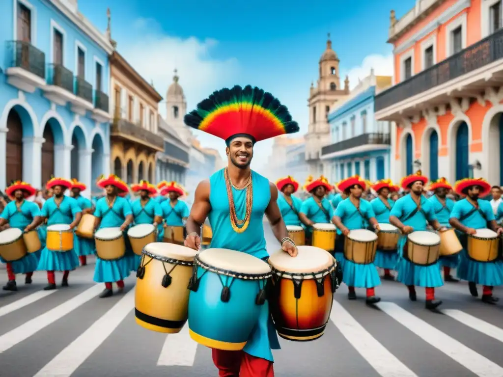 Vibrante desfile de Candombe en Uruguay, músicos y bailarines con trajes coloridos