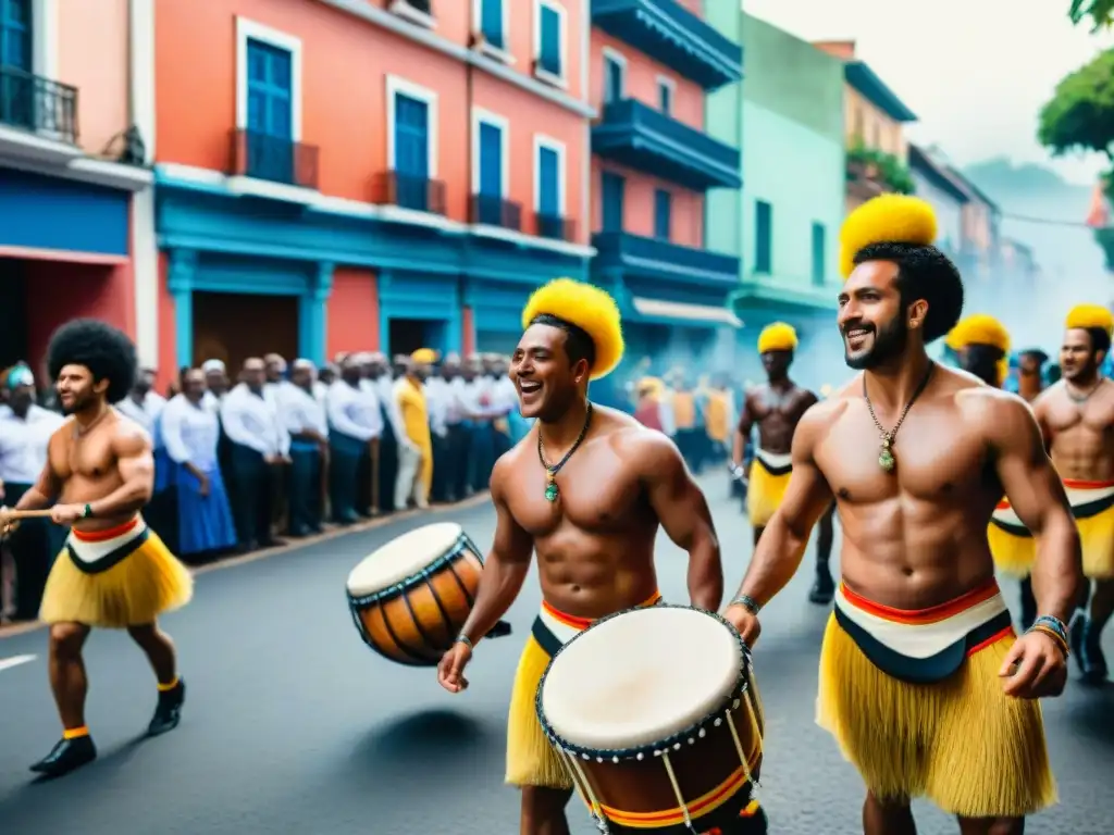 Un vibrante desfile de Candombe en pleno auge, con tambores y danzas tradicionales, expresando la energía y la alegría