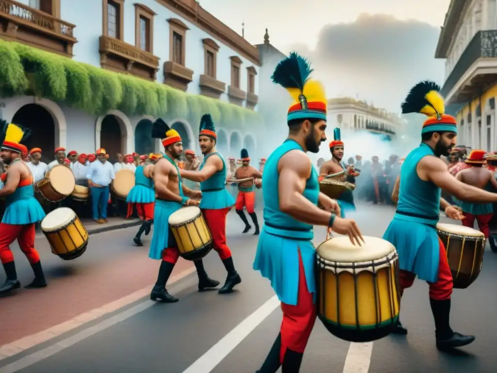 Un vibrante desfile de Candombe en Montevideo, Uruguay, con tambores, colores y danzas, reflejando la reconocida tradición uruguaya