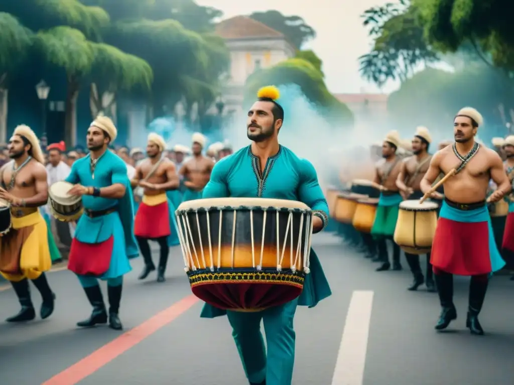 Un vibrante desfile de Candombe en Uruguay con tambores y trajes coloridos, ritmo tradicional uruguayo