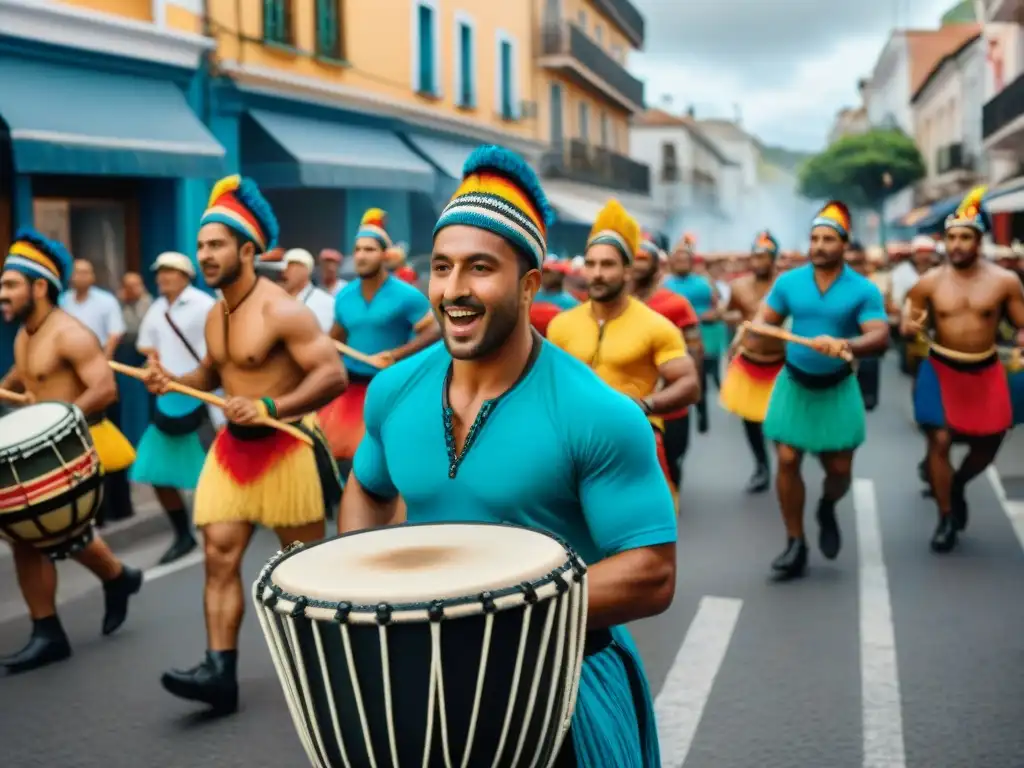 Un vibrante desfile de Candombe en Uruguay: tambores, bailarines y espectadores en una celebración cultural llena de color y alegría