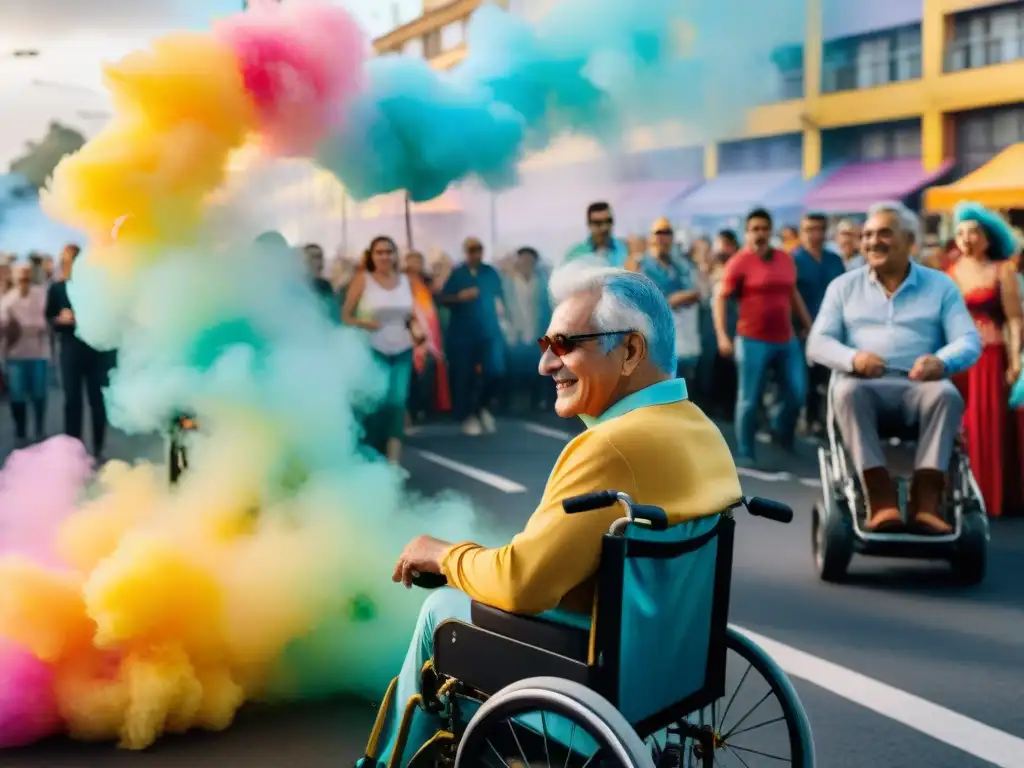 Una ilustración acuarela vibrante que muestra la inclusión en un desfile de Carnaval en Uruguay